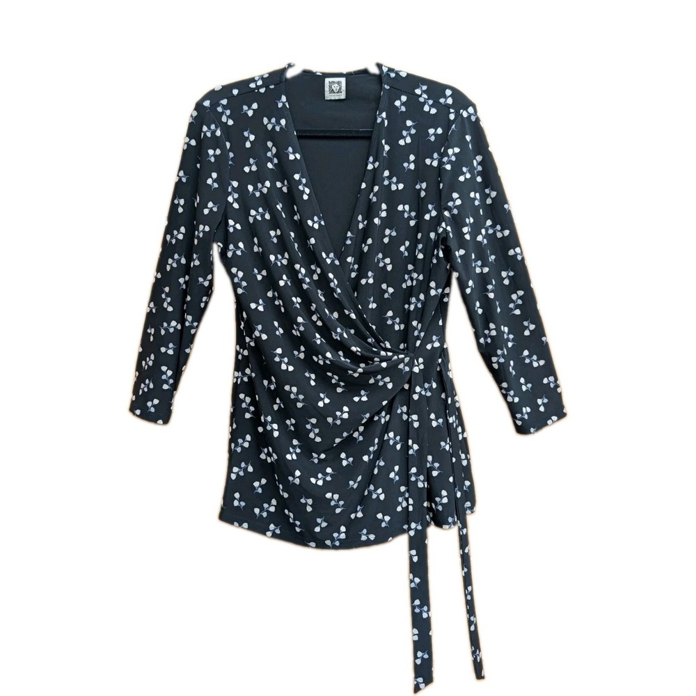 Anne Klein Women Tunic NO SIZE Black Floral Faux Wrap Tie Waist Stretch Workwear